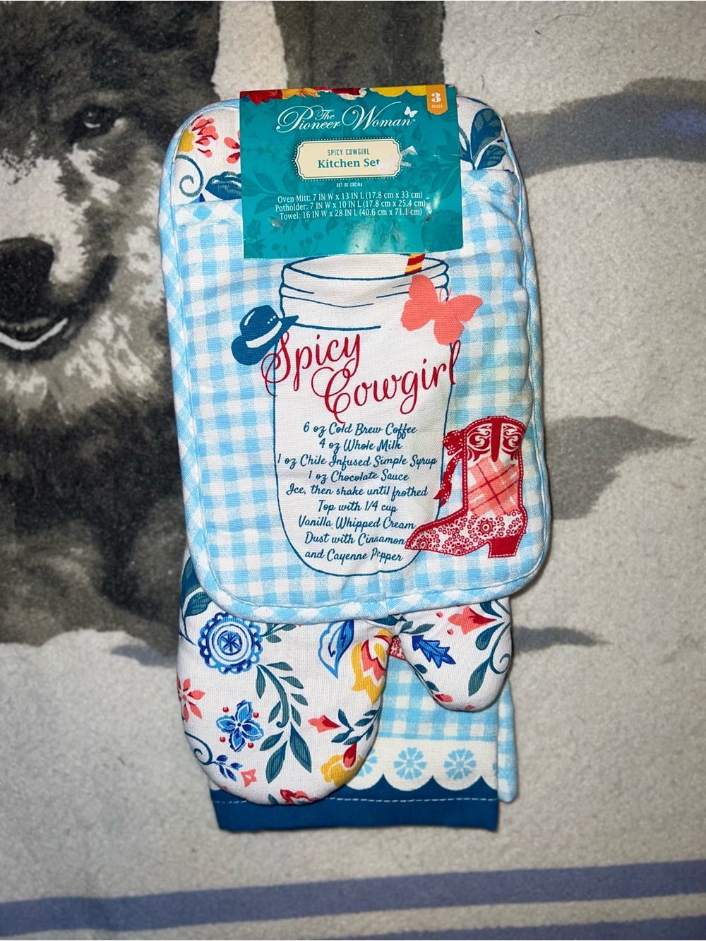 NEW The Pioneer Woman Spicy Cowgirl Blue Kitchen Oven Mitt & Towel Set